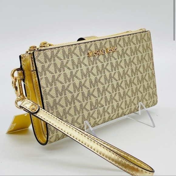 Michael Kors Large Double Zip Wallet Wristlet Gold - Picture 1 of 9